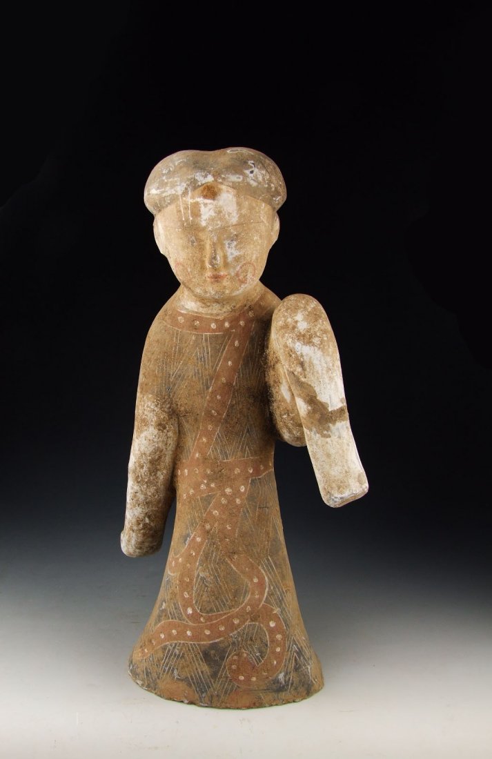 Han Dynasty Painted Gray-Pottery Royal Dancer: Here is one Painted Gray-Pottery Royal Dancer Height:15.9 inches, width:8.6 inches, Weight : 8 lbs, Condition :Some expected wear, degradation, natural crazing, abrasions, chips & minor losses, as a c