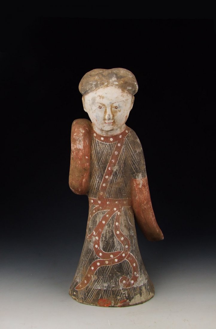 Han Dynasty Painted Gray-Pottery Royal Dancer: Here is one Han Dynasty Painted Gray-Pottery Royal Dancer Height:15.5 inches, width:8.2 inches, Weight : 8.7 lbs, Condition :Some expected wear, degradation, natural crazing, abrasions, chips & minor 