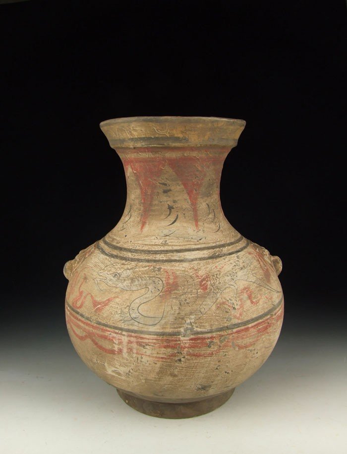 One Painted Gray-Pottery Zun Shaped Vase Han Dynasty: Here is one Painted Gray-Pottery Zun Shaped Vase. Height: 29 cm, width: 22 cm, Weight : 11.5 lbs, Condition : good, Special terms for this item: 1. item be damaged during transportation, we strongly e