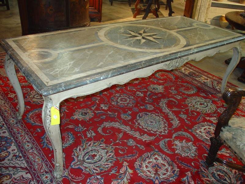 Antique French Painted Louis XV Style Dining Table with: About the Item: Antique French Painted Louis XV Style Dining Table with Faux Marble Top-1800'sGood antique condition Ð chipping and rubs to paint, commensurate with age Ð Late 1800Õs or OlderThis
