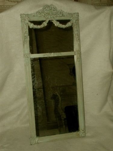 French trumeau mirror 19th century hand carved baebola: French trumeau mirror with baebola 19th century is a gorgeous soft French blue in an aged original patina. Wonderful hand carving with reeded frame and rosebud garland swag. Tied bow header,leaf carvi