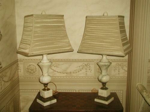 Italian Marble Lamps Brass Early 1900's Rewired New: Pair of early 1900's Italian antique white marble lamps with grey veining. Ornate brass work at base as well as brass pedestal. Finely cut detailing in the quality marble with expert workmanship. The