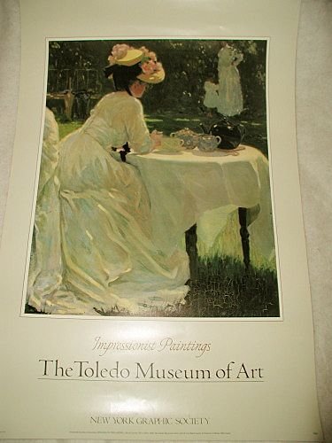 Impressionistic Monet Print "In The Garden" 20th: About the Item: 20th century Monet print titled "In The Garden" and printed by the New York Graphic Society. Wonderful garden scene at the tea table,lady seated in long dress and floral straw hat, a