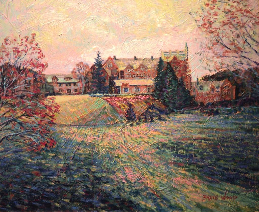 Impressionist Painting of Wellesley College: Tower Court, Wellesley College, is the title of this expertly colored and highly textured acrylic painting by Massachusetts artist Bruce Wood. This painting won Second Place when it was exhibited at t