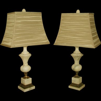Italian Marble Lamps Brass Early 1900's Rewired New: Pair of early 1900's Italian antique white marble lamps with grey veining. Ornate brass work at base as well as brass pedestal. Finely cut detailing in the quality marble with expert workmanship. The