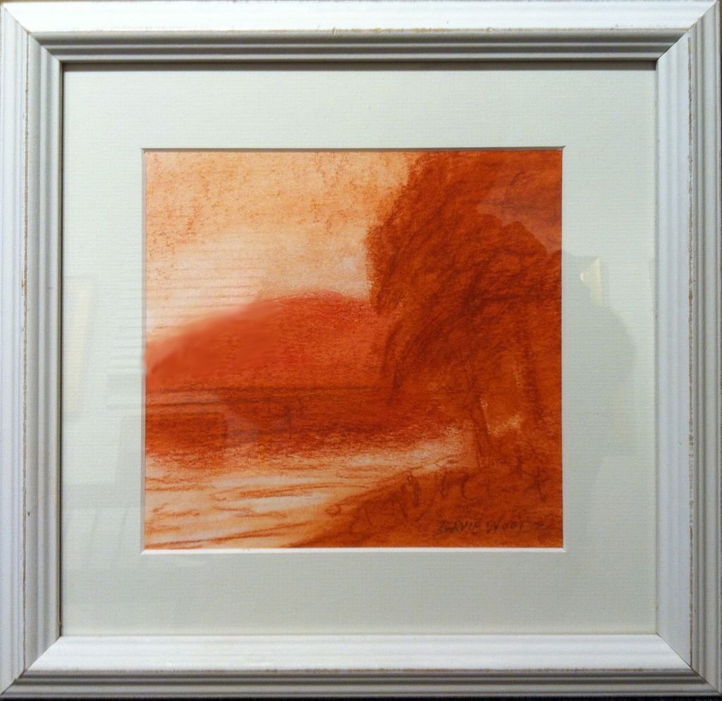 Contemporary Tonalist Drawing/Painting By Bruce Wood: Invitation is the title of this mixed media (Sanguine, watercolor and charcoal) painting on paper by art conservator Bruce Wood. Created in 2012, the image is inspired by the 19th Century Tonalist pai