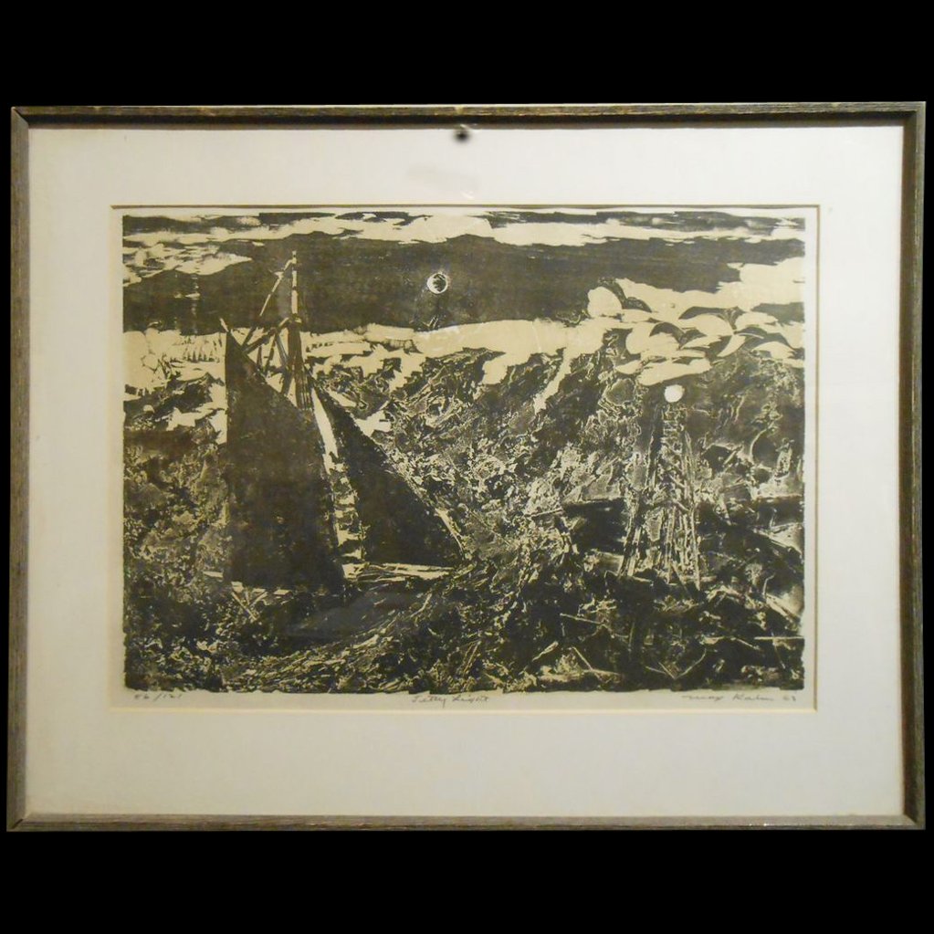 Max Kahn Expressionist Marine 1963 Woodcut: Master print maker Max Kahn produced this energetic woodcut in 1963 when he was considered one of the top print making artists in the United States. The image is printed in black and light tan on a wh
