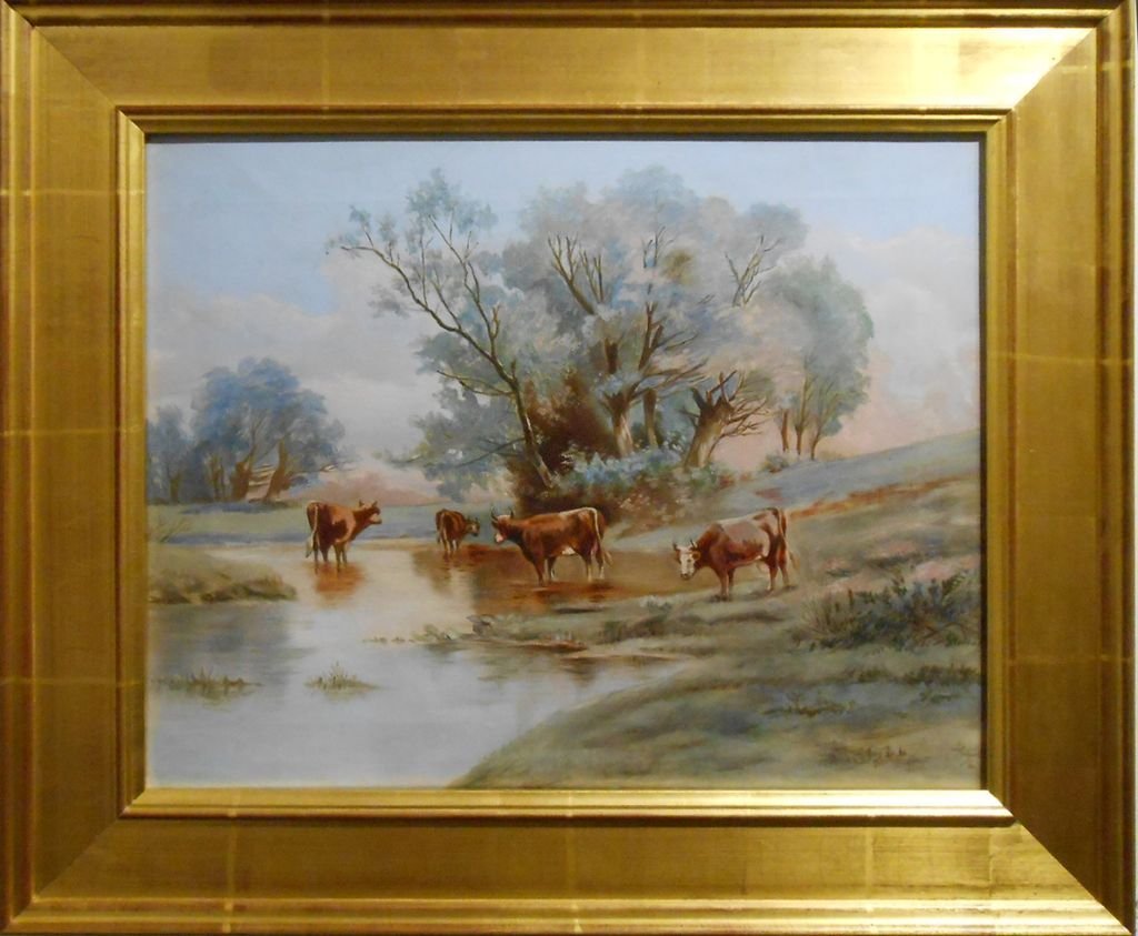 Blue Day With Cows 1920's Oil Painting: Cows gently wade in a stream in this 1920's style oil painting on canvas. The major color of dusty blue dominates the sky and trees in the background. It is a very pleasant view. The painting appears