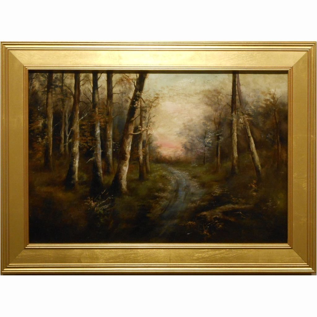 Path Through Woods At Sunset: Antique Oil Painting Land: This evocative American oil painting on canvas was most likely created in the late 1880's. The stretchers have a patent date of 1885, and the style of painting is in keeping with the academic painters