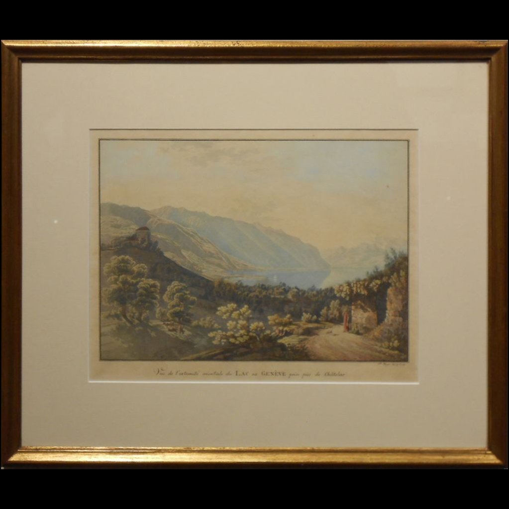 Antique Swiss View of Lake Geneva: This charming circa 1880 view of Lake Geneva, Switzerland is a multi-color collotype. The print is in good condition with mild toning. The print has newer acid-free mat and backing board. It is in an