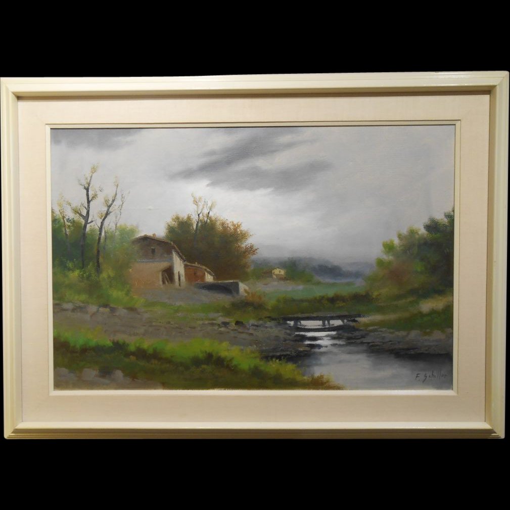 Large Francesco Schiller Impressionist Oil Landscape: Italian artist Francesco Schiller (b. 1932) painted this impressive and softly rendered romantic country scene around 1970. It is titled Inlet Scene and is painted with oil paints on heavily textured 