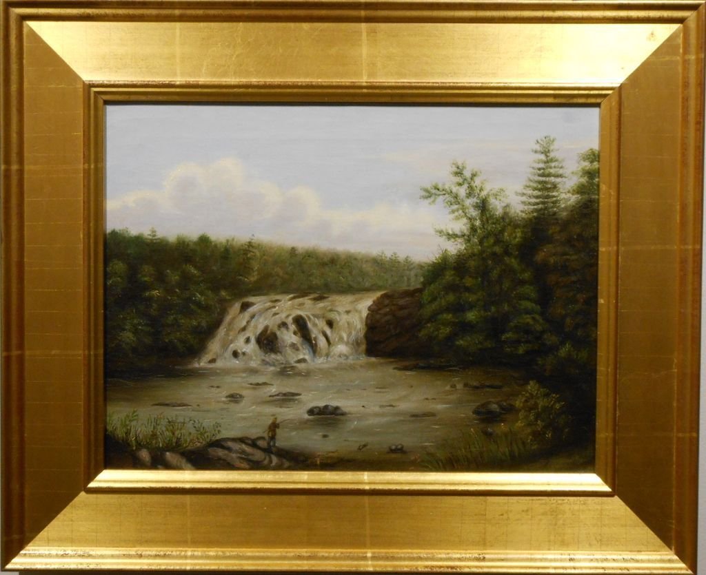 Hudson River School Waterfall Antique Oil Painting: This circa 1880 oil painting on canvas shows a wilderness waterfall which could be in the Hudson River area of Upper New York State. It shows a fascination with the power of nature, which is a hallmar