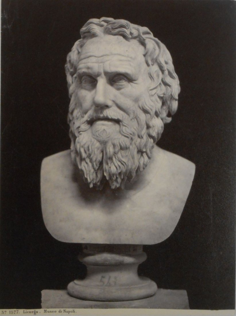 Original 1870's Albumen Photo Of Bust Of Licurgo: This is an original early albumen photographic print from about 1870, showing a classical bust of the Greek philosopher Licurgo. Licurgo was a famous thinker who provided the citizens of Sparta with a