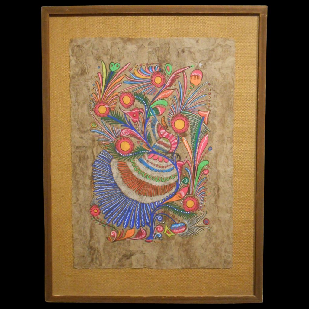 Amate Floral Mexican Folk Art Painting #1: This is an original piece of folk art painting created on hand made amate (bark paper) from Mexico. It is mounted on natural burlap and framed under glass in dark "barn-wood moulding. The image is a f