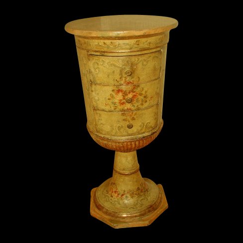 Italian Picie Table 19th Century Hand Painted: Italian 19th century Picie pedestal table and cabinet. Hand painted top to resemble marble with decorative floral bouquets around the cylinder surrounded with taupe colored swags. Gilt reeded deep col