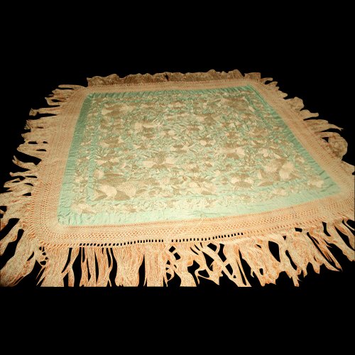 Silk Piano Throw Italian 19th Century Silk Macrame: Beautiful floral Italian silk piano throw from the 19th century in a delicate blue with hint of green. Antique cream 18 inch silk macrame fringe surrounds the edges matching the silk floral threads. W