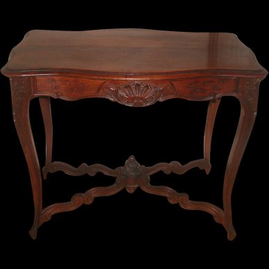 French Walnut Table 19th Century Hand Carved: Very handsome hand carved French mid 19th century center table of walnut. Designed with one drawer at the more narrow end so that can be used between two chairs or long ways along a wall or out in a r