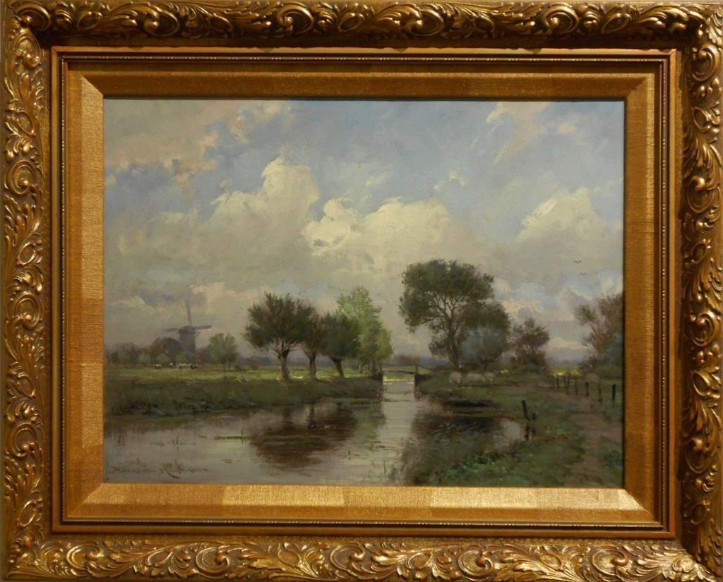 Dutch Landscape Oil Painting By Van Moerkerken: Hans Van Moerkerken (b.1954) is a popular and collected contemporary Dutch painter working with traditional landscape motifs. This moody view of a waterway through farm country has all the charming de