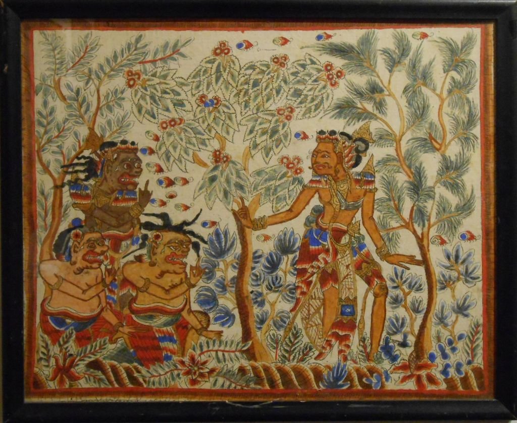 Exotic Balinese Painting On Canvas: World traveler? This interesting and exotic painting has many details and a wonderful overall patterning. It is about 50 years old, and has a patina and softer coloration than is often found in artwor