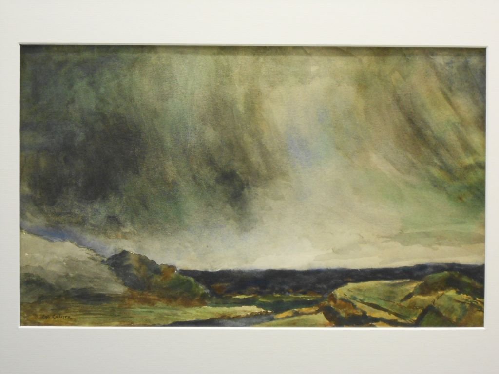 Stormy Sky At The Rocky Coast Marine Watercolor: Moody and romantic watercolor of a storm at the coast, signed Lee Coburn, a Massachusetts artist. This is one of many small New England landscape studies by Coburn, from a portfolio dating from around