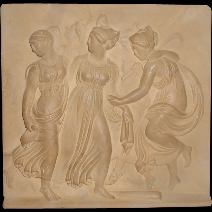 Neoclassical Roman Plaque Plaster Wall Hanging: Neoclassical Roman plaster wall plaque of a maiden group. The three front row women featured in high relief plaster. All dressed in the long robes,sandals and up-swept hair of the day. The recessed ba