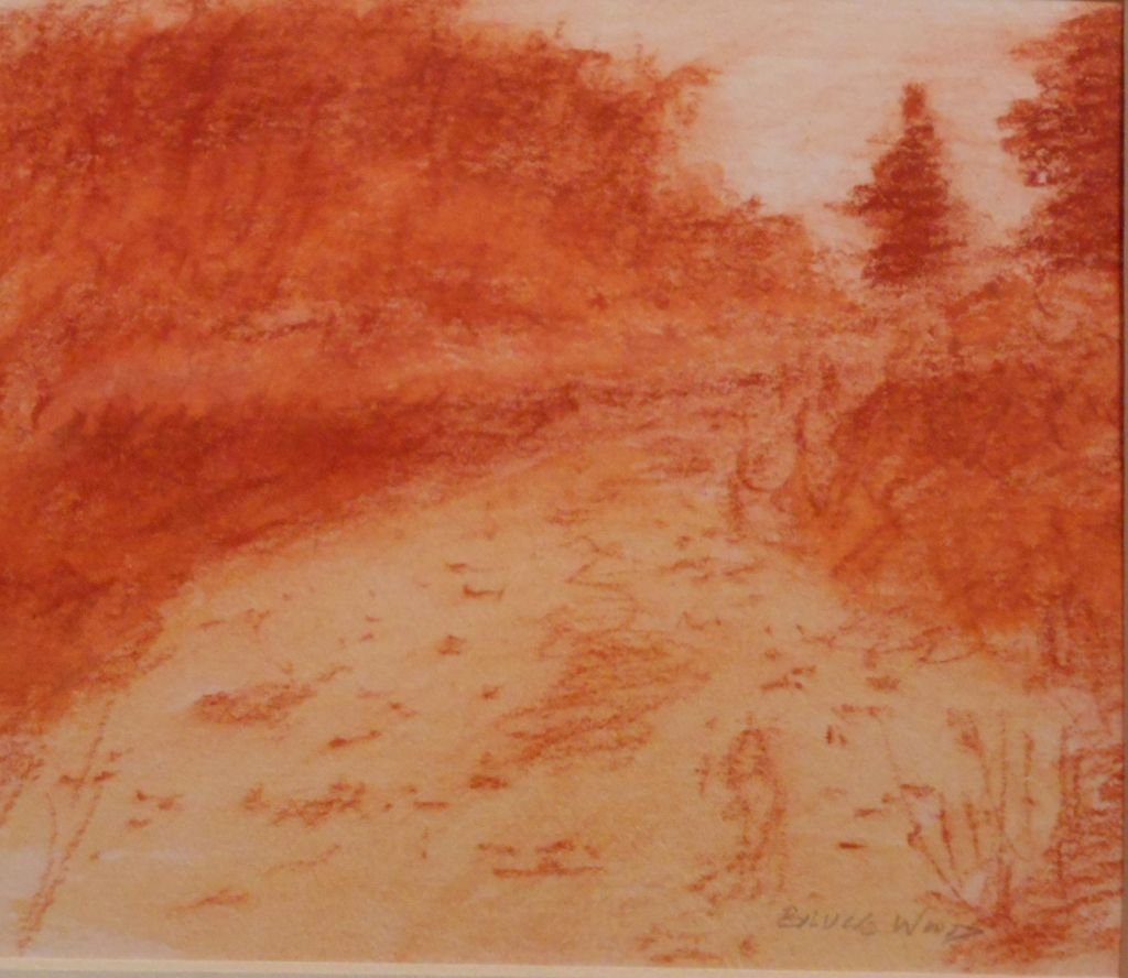 Contemporary Tonalist Landscape Drawing/Painting By: Sandy Road is the title of this mixed media (Watercolor, charcoal and Sanguine) painting on paper by Massachusetts artist Bruce Wood. Created in 2012, the image is inspired by the 19th Century Tonalis