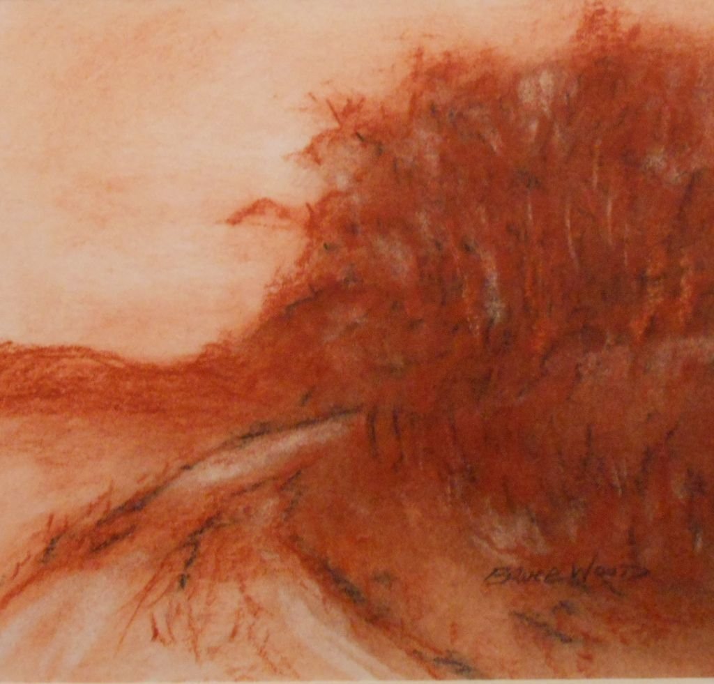 Contemporary Tonalist Drawing/Painting By Bruce Wood: Medway Sunset is the title of this mixed media (Watercolor, charcoal and Sanguine) painting on paper by Massachusetts artist Bruce Wood. Created in 2012, the image is inspired by the 19th Century Tona