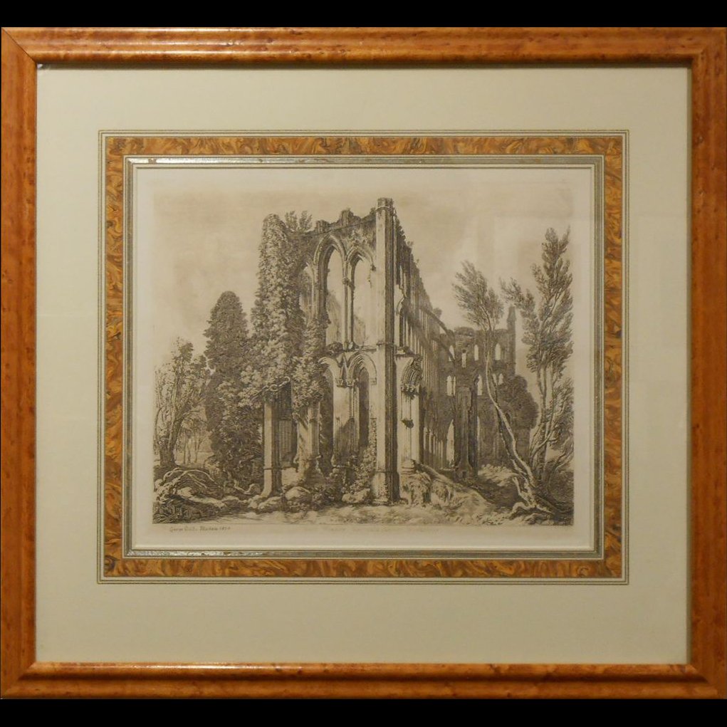 1824 British Engraving in Burl-wood Frame: This fabulously framed antique engraving is printed in sepia tones. It is identified as the work of George Guitti of Masham in 1824 and is titled East Window, Rievaulx Abbey, Yorkshire. It has been re