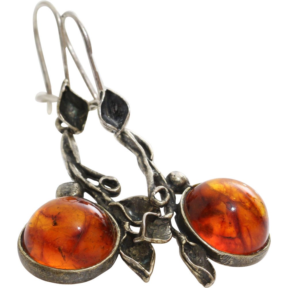 Amber Silver Drop Earrings | Vintage Cabochon Copal | (1 of 9)