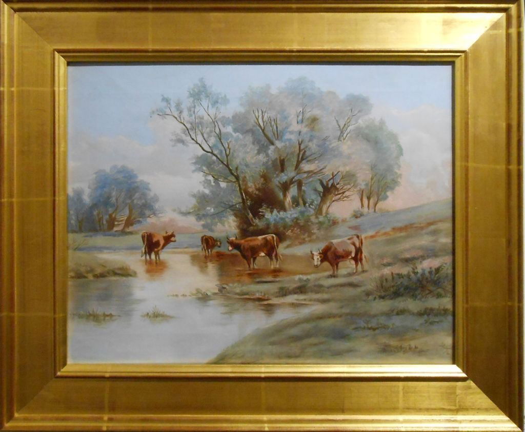 Blue Day With Cows 1920's Oil Painting: Cows gently wade in a stream in this 1920's style oil painting on canvas. The major color of dusty blue dominates the sky and trees in the background. It is a very pleasant view. The painting appears