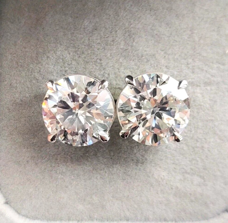 HUGE & RARE 4 Ct Treated Certified Off White Diamond Solitaire Stud, 925 Silver: Round Cut - HUGE & RARE 4 Ct HPHT - Treated Certified Off White Diamond Solitaire Stud, 925 Silver -Free Shipping