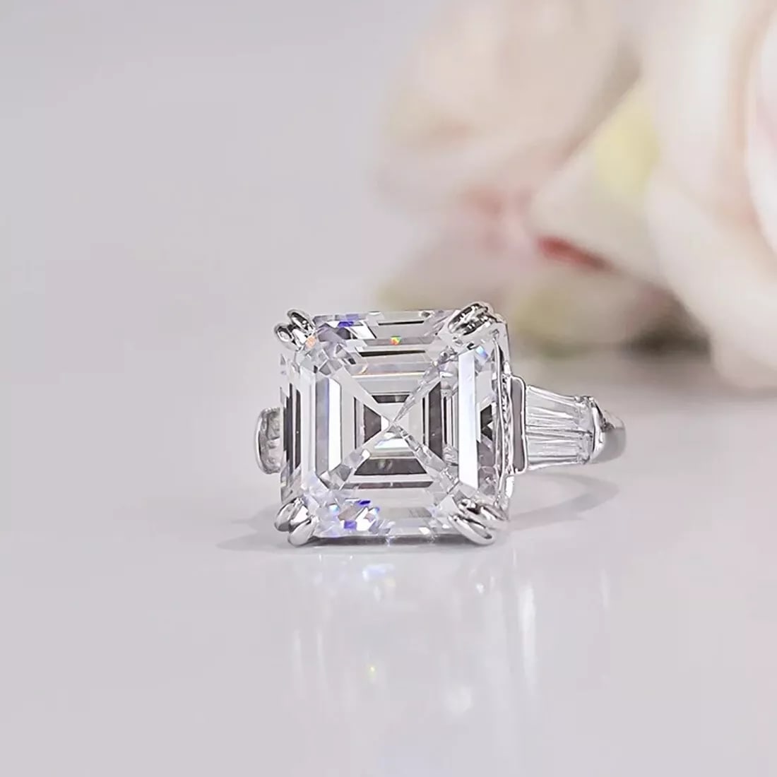 RARE 10 Ct Certified Treated Asscher Cut Off White Diamond 925 Silver Ring: RARE 10 Ct Certified Treated Asscher Cut Off White Diamond 925 Silver Ring - Ring Size US 7