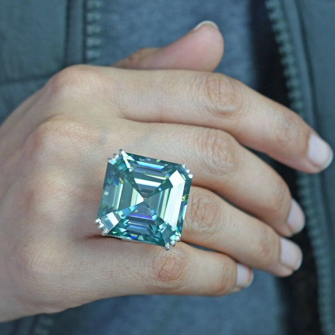 HUGE & RARE 50 Ct Certified Ascher Cut Blue Diamond Cocktail Ring, 925 Silver: HUGE & RARE 50 Ct Certified Ascher Cut Blue Diamond Cocktail Ring, 925 Silver - Ring Size US 8