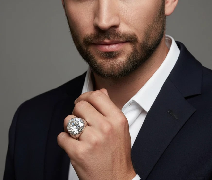 RARE 20 Ct Certified Round Cut Off White Treated Diamond 925 Silver Ring: RARE 20 Ct Certified Round Cut Off White Treated Diamond 925 Silver Ring - Ring Size US 8.5