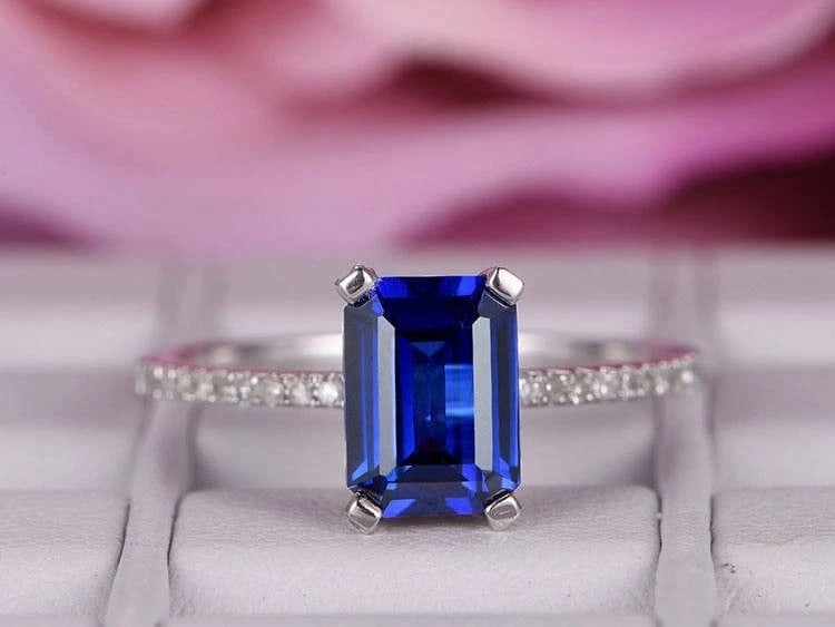 Lab-Created Blue Sapphire 4 Ct Emerald Cut Engagement Ring 14k White Gold Plated: Lab-Created Blue Sapphire 4 Ct Emerald Cut Engagement Ring 14k White Gold Plated - 925 Silver - Ring Size US 6