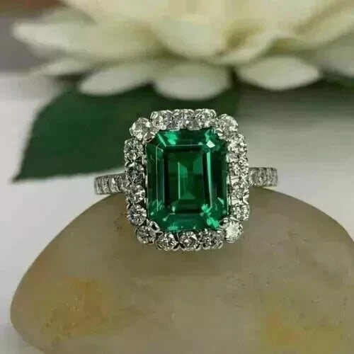5.00 Ct Emerald Cut Lab Created Emerald Halo Engagement Ring 14K White Gold Plated: 5.00 Ct Emerald Cut Lab Created Emerald Halo Engagement Ring 14K White Gold Plated - Ring Size Us 6.5