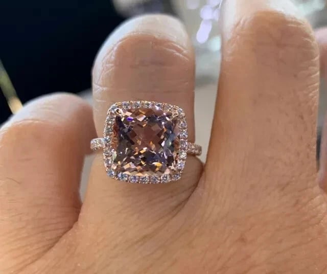 5 Ct Cushion Cut Lab Created Morganite Halo Engagement Ring 14k Rose Gold Plated: 5 Ct Cushion Cut Lab Created Morganite Halo Engagement Ring 14k Rose Gold Plated - Ring Size US - 7