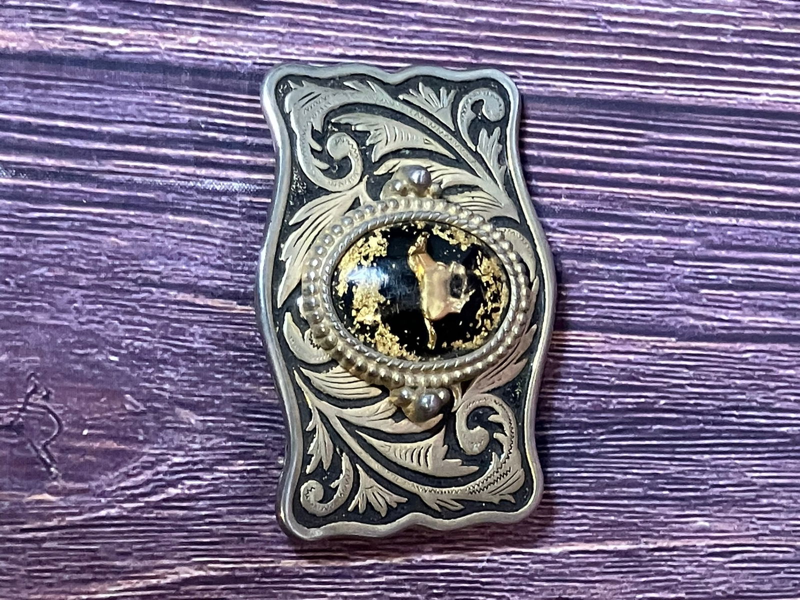 Vintage Western Belt Buckle Gold & Silver Tone Texas Longhorn Motif Black Stone Inlay Engraved Scrol (1 of 2)