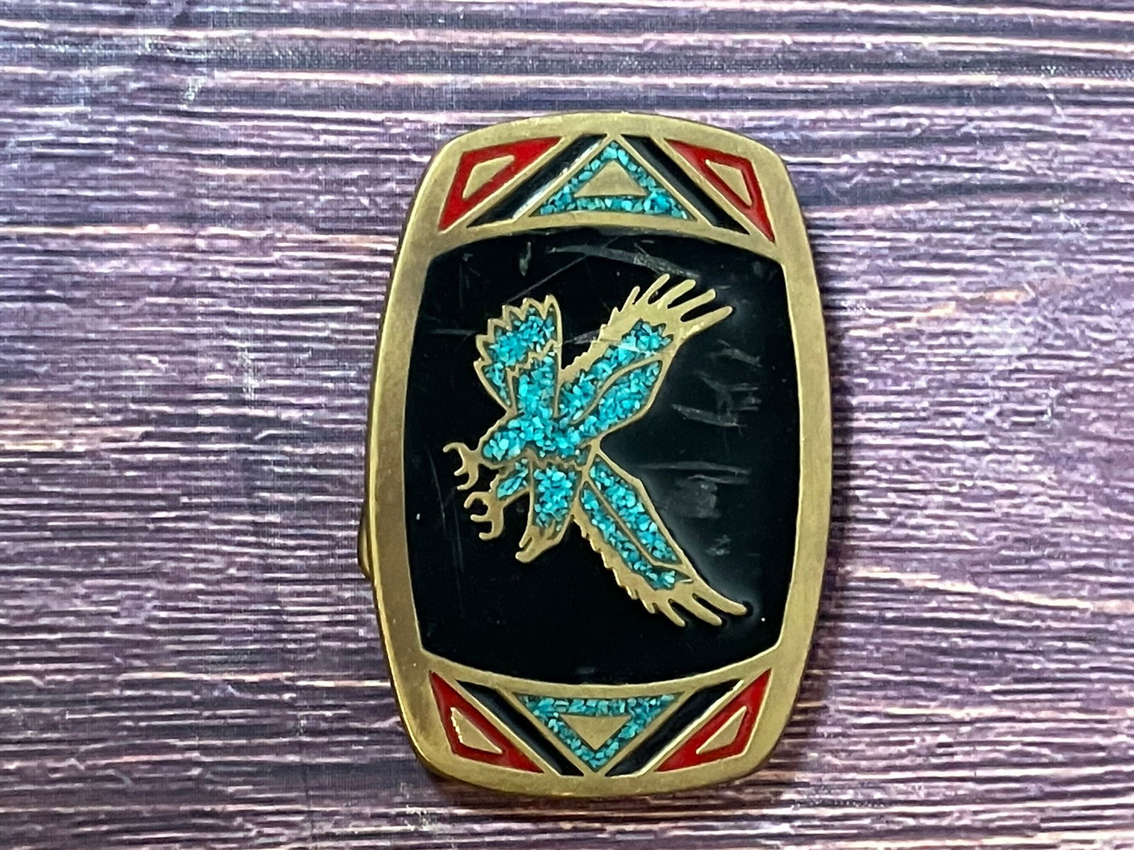 Vintage Southwest Turquoise Inlay Thunderbird Belt Buckle – Brass Western Boho (1 of 2)
