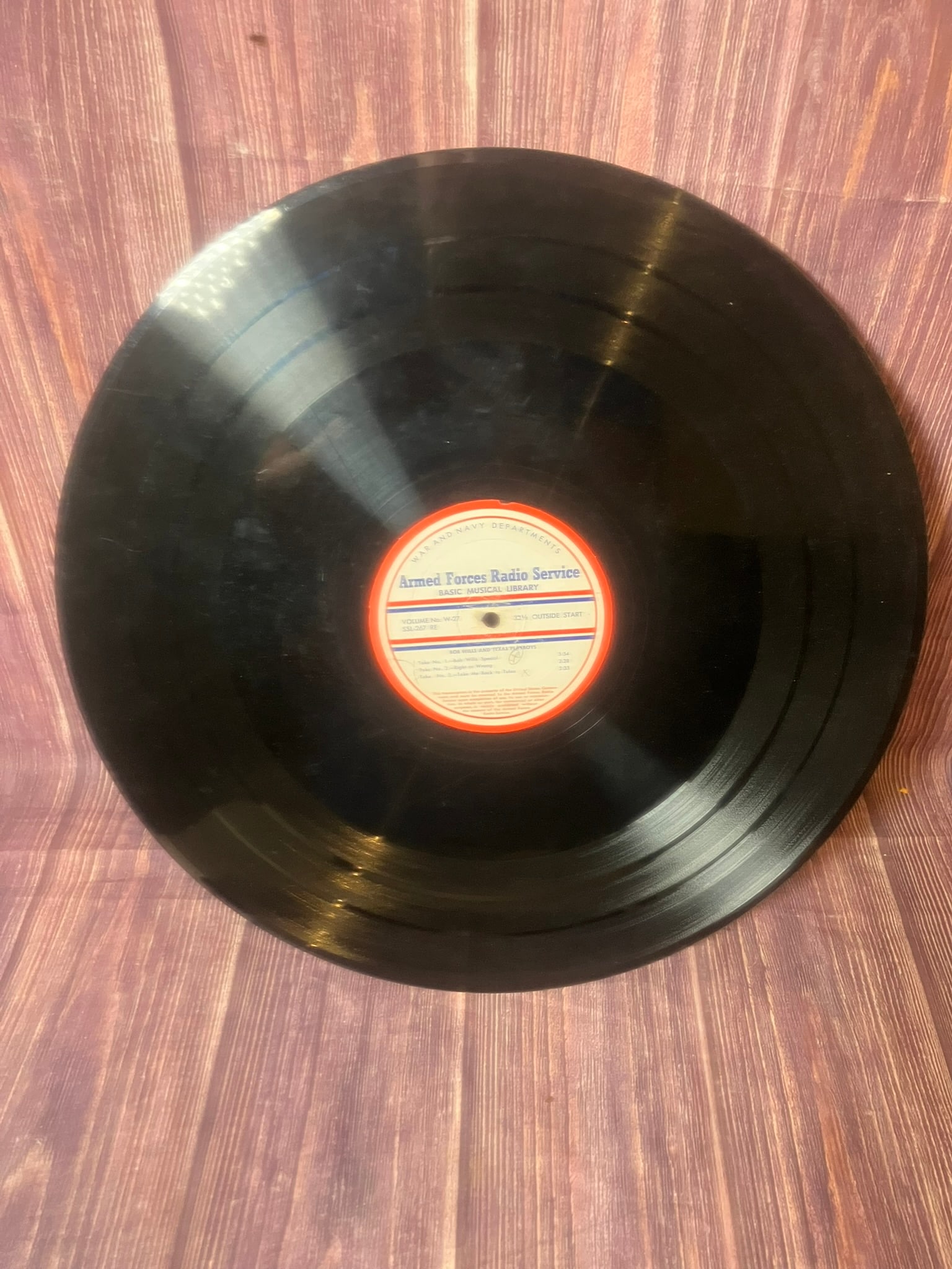 RARE 16" Transcription Record W-27 / W-28 – Bob Wills & Texas Playboys – War & Navy Dept. (1 of 3)