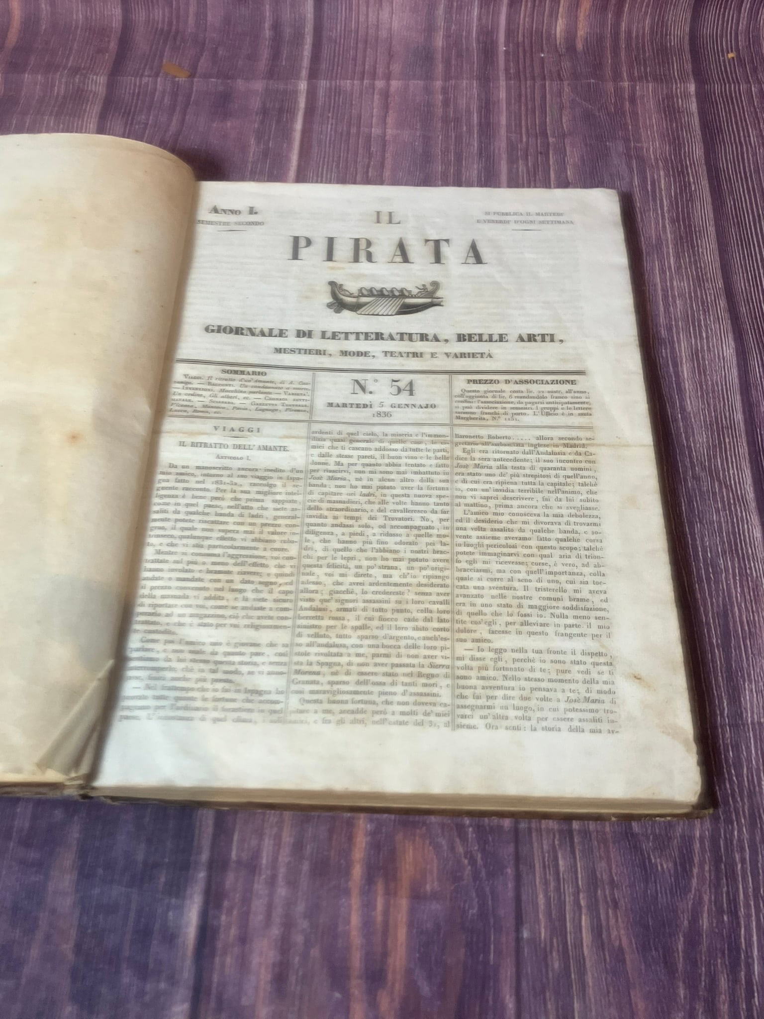 Copy of 1836 Il Pirata Italian Literary Journal Bound Volume No. 54 (1 of 5)