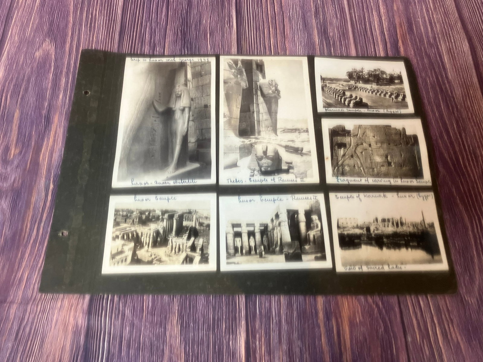 Vintage 1945 Egypt Photo Album Page – Luxor, Karnak, Ramses II, Sacred Lake – 8 Original: WWII-era photograph album page containing eight (8) black-and-white snapshots taken in Egypt in 1945.Each photo is original (not reprints) and mounted on black album paper. These wartime travel photos