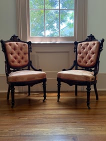 John Jelliff walnut parlor tufted silk chairs, pair c.1817