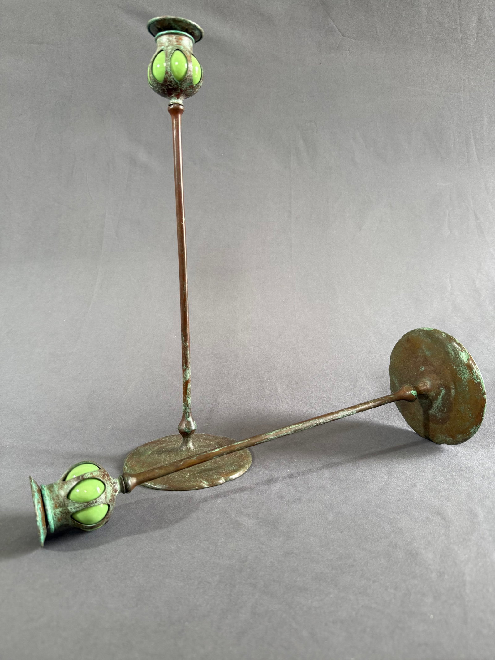 American Deluxe, Art Nouveau Style Bronze & Art Glass Candlesticks,Pair (1 of 4)