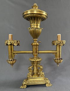 Argand Lamp Double Arm c.1800: Lewis Vernon & Co Philadelphia double armed bronze argand lamp 14-1/2&rdquo;w x 19&rdquo;TLarge or small we ship it all ,we make auctions easy.