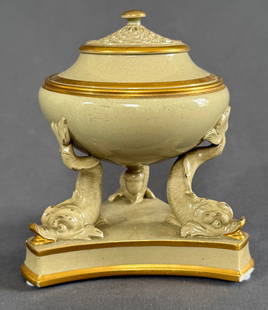Wedgwood Drabware Pastille Burner c 1820 Rare: Wedgwood drabware pastille burner, c.1820, impressed marks, supported by three dolphins, to a triform base, Provenance: The property of the late Baron John Mauger Langin. 4 7/4&rdquo;T x 3&rdquo;w