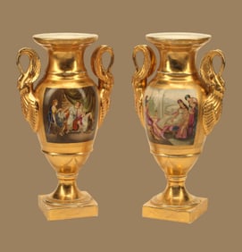 Gilt Empire Porcelain Vases Pair, Large