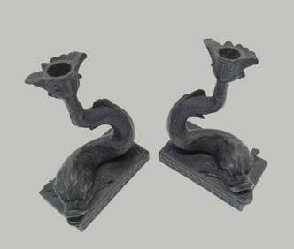 Wedgwood Black Basalt Dolphin Candlesticks Assembled Pair c.1974