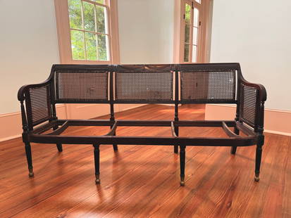 Duncan Phyfe Mahogany Caned Sofa c.1807 Federal: A most exceptionally rare and exquisite mahogany Duncan Phyfe federal elliptical seat caned sofa c.1807; as found.Previously curated by the Metropolitan Museum Of Art. One of 10 known Sheraton scroll-