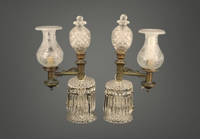Crystal & Bronze Argand Lamps- Pair Large